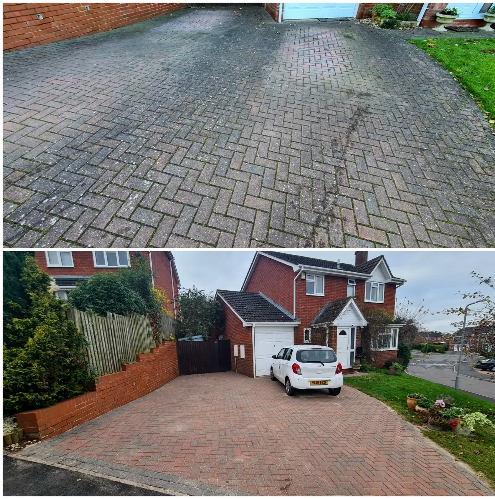 Block paving driveway before and after pressure washing