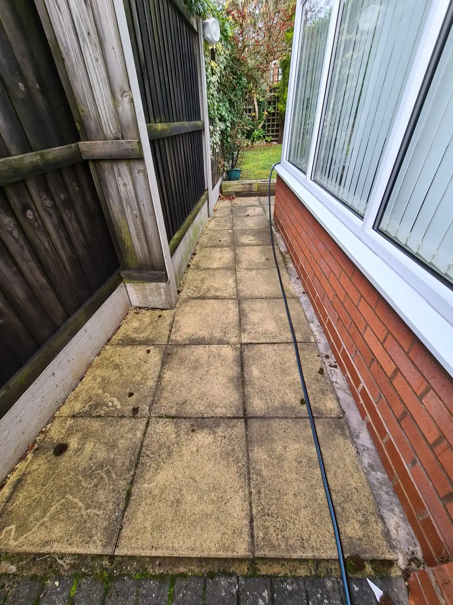 Paved side path before pressure washing, covered in moss, algae and grime